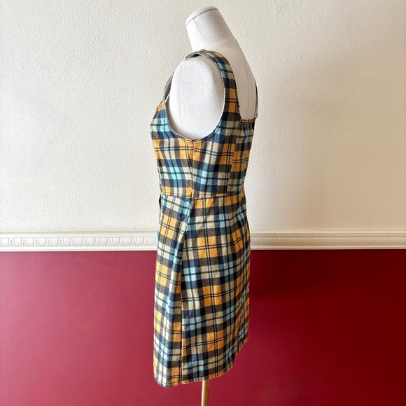 Urban Outfitters Button Down Denim Mini Dress Blue & Yellow Plaid Womens 6 Retro - Picture 3 of 8
